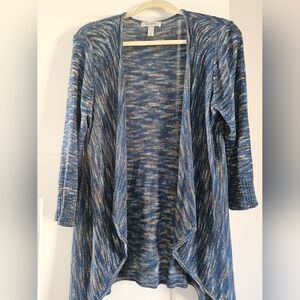 dressbarn Blue Marled Open-Front Cardigan with Cream Accents